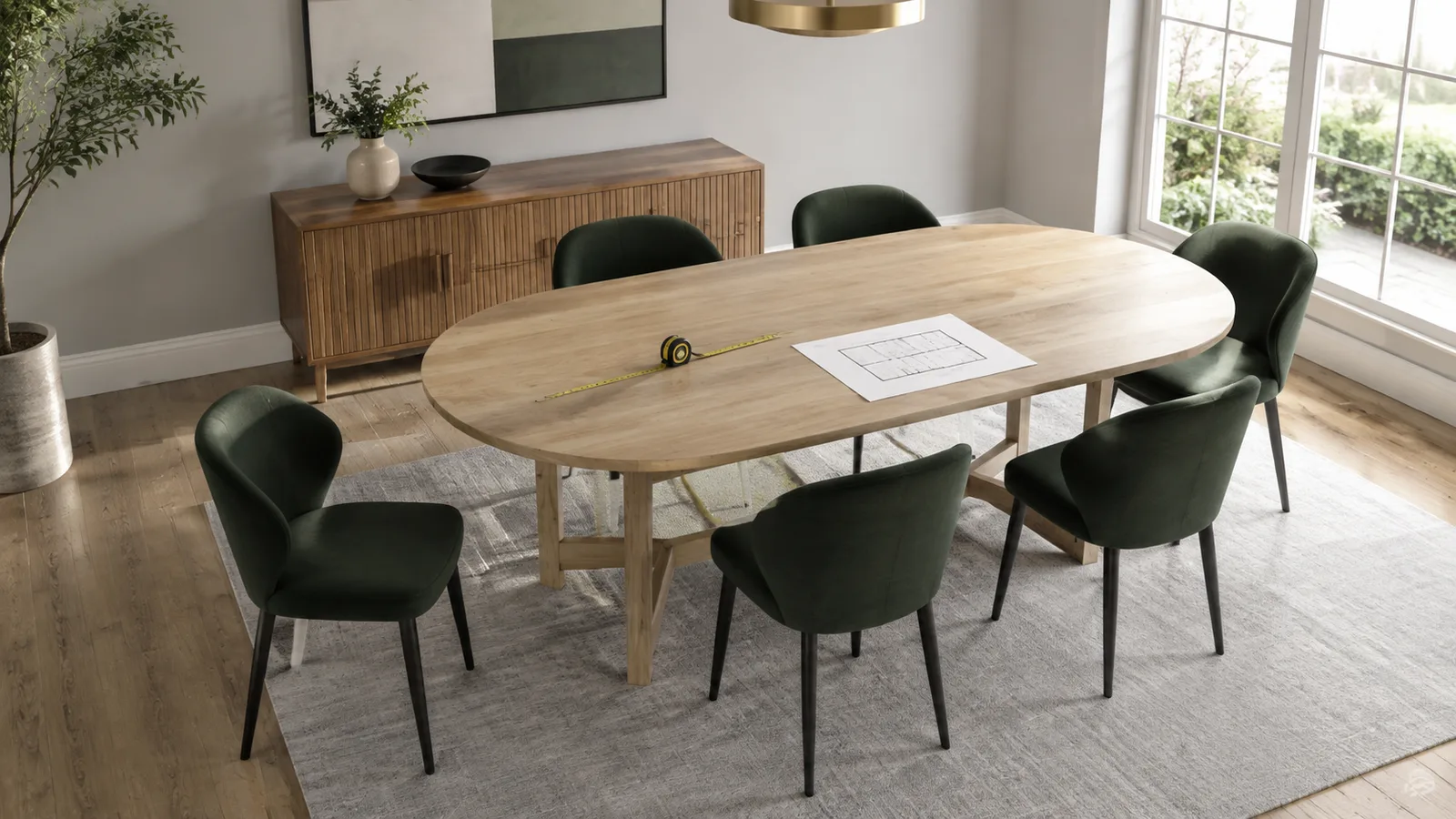 Ảnh minh họa AI bàn ăn oval sáu ghế và khoảng kéo ghế trong phòng ăn