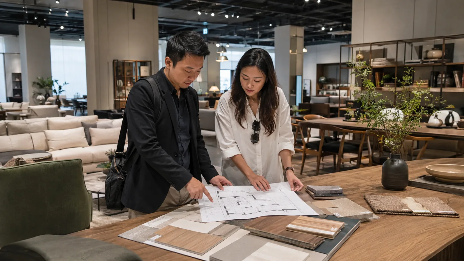 Ảnh minh họa đội ngũ chuẩn bị mặt bằng và mẫu vật liệu tại showroom nội thất