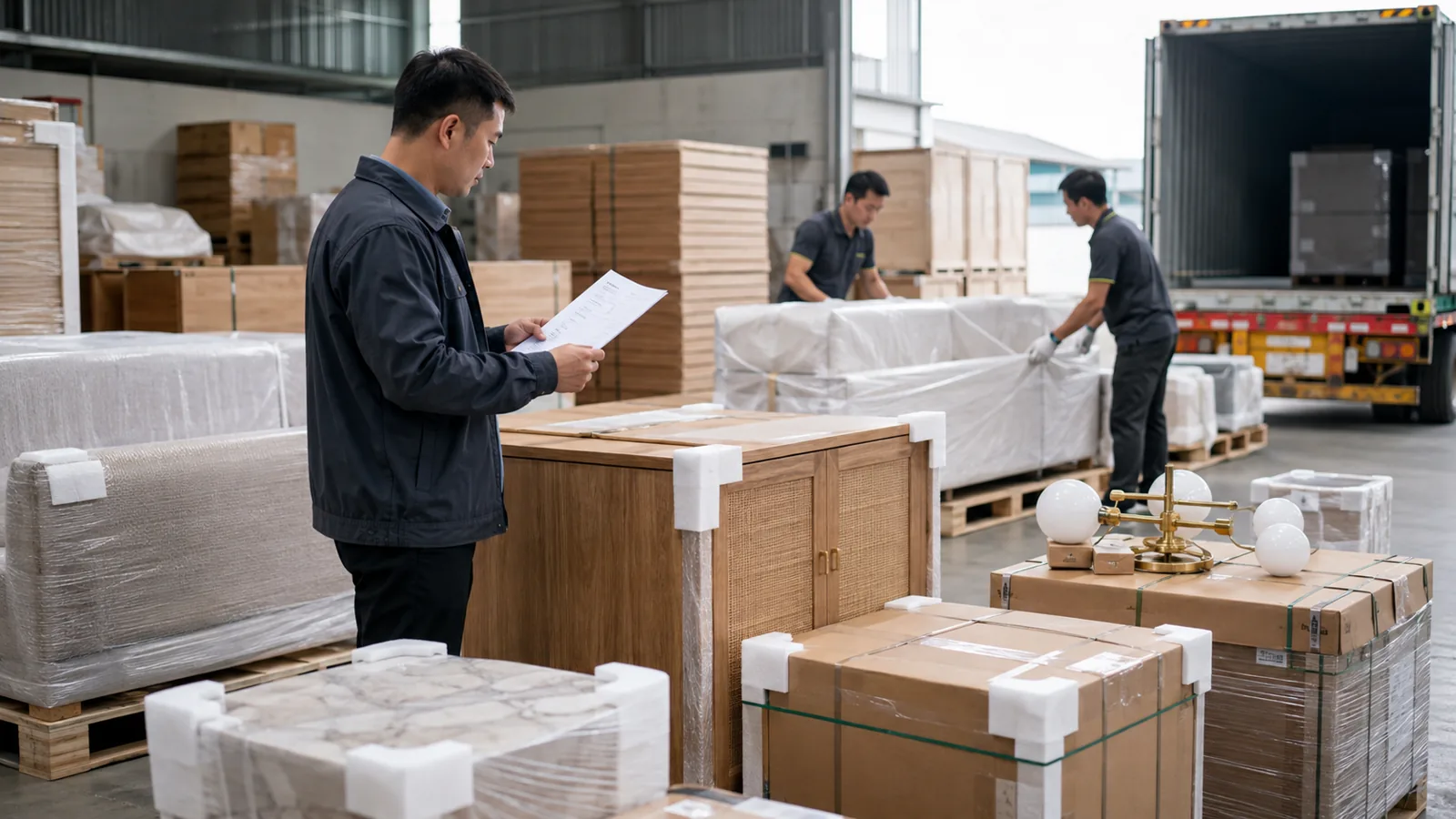 Ảnh minh họa kiểm tra đóng gói nội thất tại kho trước khi vận chuyển