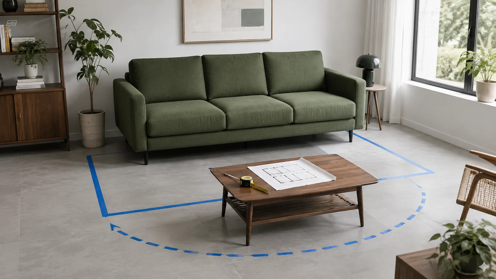 Ảnh minh họa AI sofa và khoảng đi lại trong phòng khách khi chuẩn bị đo kích thước